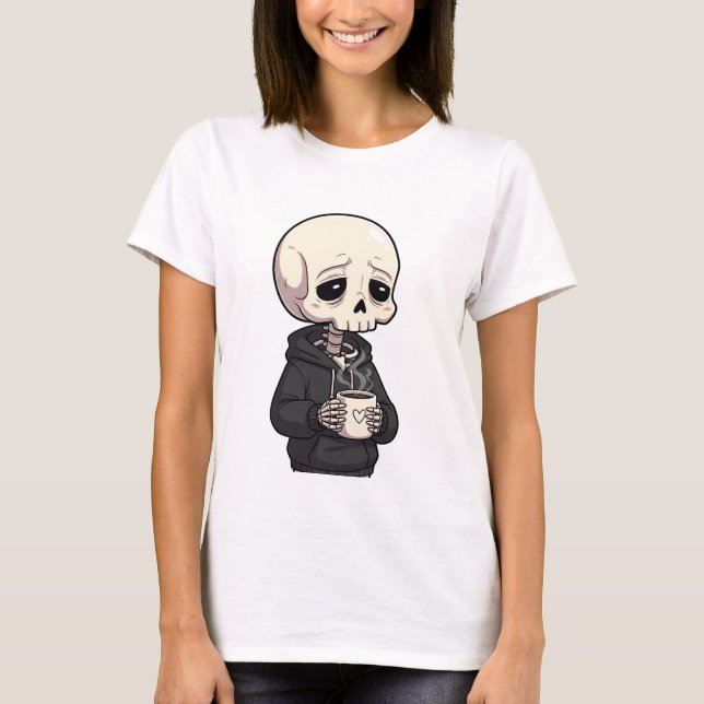 T-shirt Sad Skeleton Wearing Hoodie Drinking Hot Coffee (Devant)