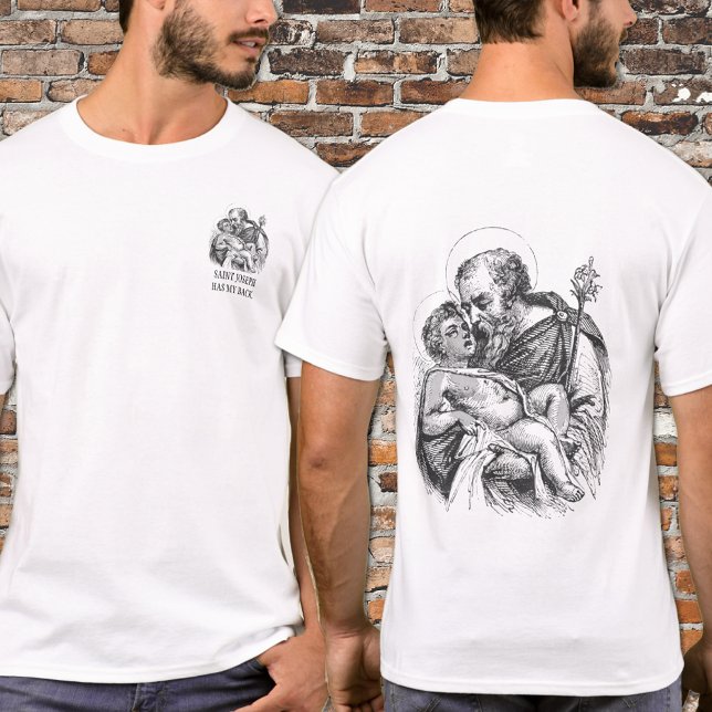 T-shirt Saint Joseph a mon dos Jésus (Black and White drawing of St. Joseph and the Child Jesus )