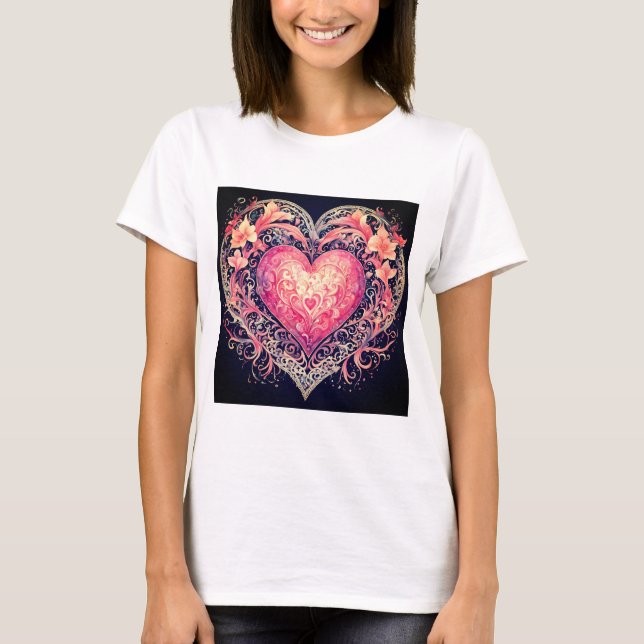 T-shirt Saint-Valentin Coeur rose Love Fleurs Ornements (Devant)