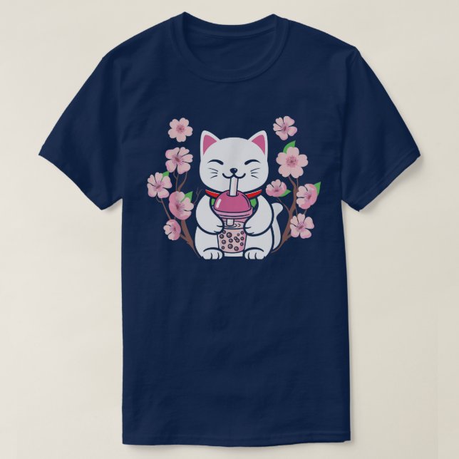 T-shirt Sakura Cat Boba Tea Buble Tea Anime Kawaii Neko (Design devant)
