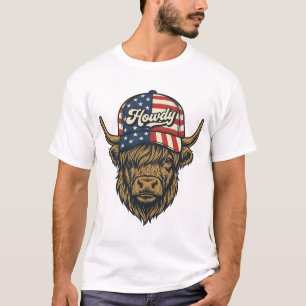 T-shirt Salut Vache Highland Patriotique Design Occidental