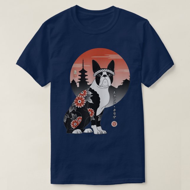T-shirt Samurai Boston Terrier Ukiyo-e Japanese Warrior Lo (Design devant)