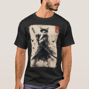T-shirt Samurai Cat Graphic Tee Warrior Vintage Japonais A