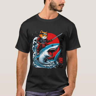 T-shirt Samurai Cat Ninja Japanese Art Cat Shark Kanagawa 