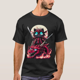T-shirt Samurai Chat avec épée sur dragon dans la bataille