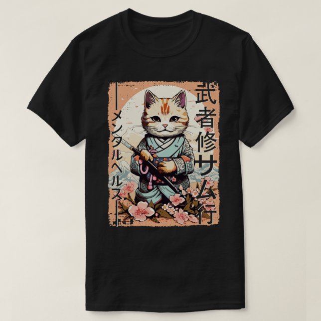 T-shirt Samurai Chat Guerrier Japonais Ninja Kitty Kawaii  (Design devant)