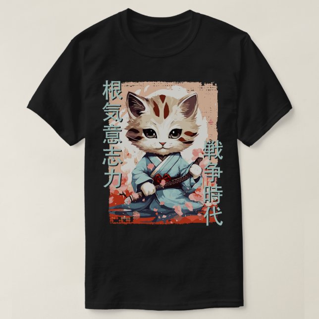 T-shirt Samurai Chat Guerrier Japonais Ninja Kitty Kawaii  (Design devant)