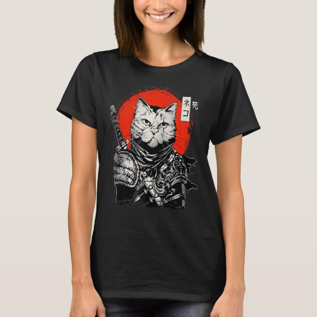 T-shirt Samurai Japonais Chat Bushido Guerrier Katana épée (Devant)