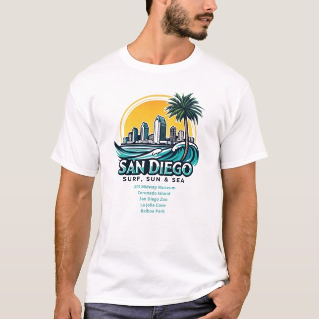 T-shirt San Diego, "Surf, soleil et mer" (Devant)