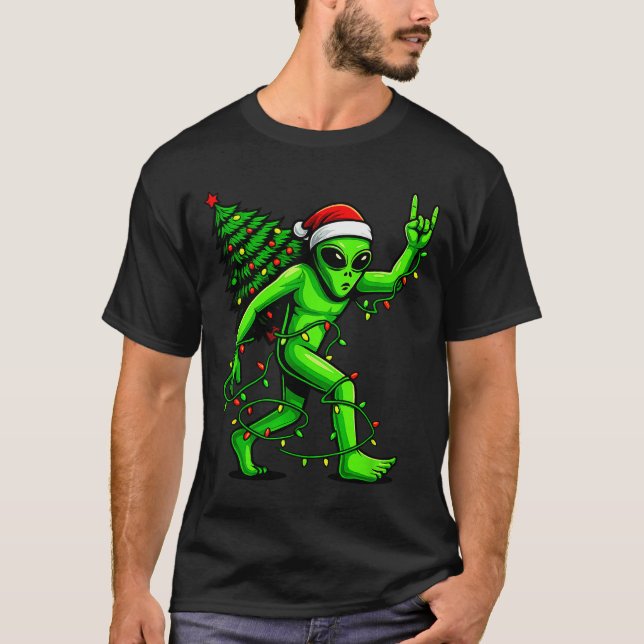 T-shirt Santa Alien Christmas Tree Xmas Lights Funny Ufo  (Devant)