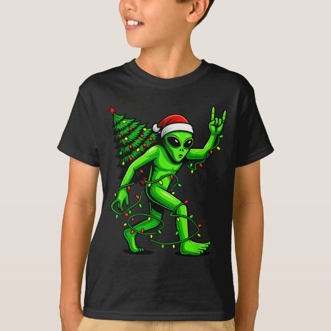 T-shirt Santa Alien Christmas Tree Xmas Lights Funny Ufo  (Devant)