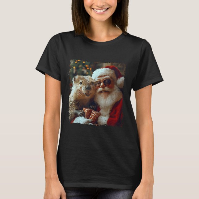 T-shirt Santa And Beaver Selfie Funny Christmas Design  (Devant)