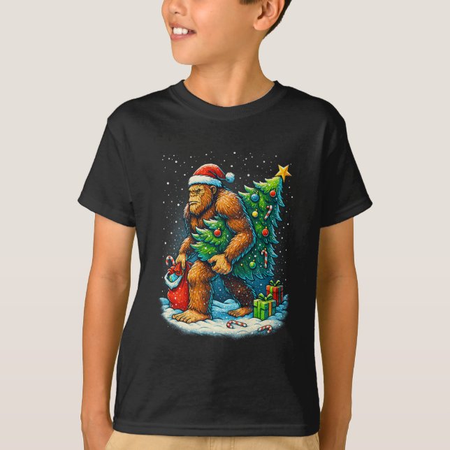 T-shirt Santa Bigfoot Christmas Tree Sasquatch Xmas Lights (Devant)