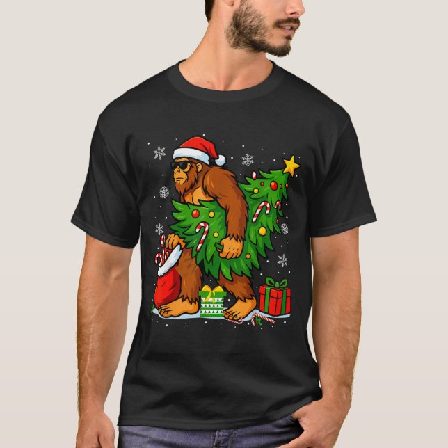 T-shirt Santa Bigfoot Christmas Tree Xmas Lights Funny Sas (Devant)