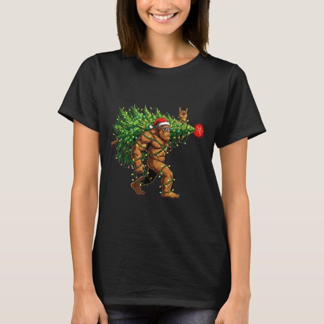 T-shirt Santa Bigfoot Christmas Tree Xmas Lights Funny Sas (Devant)