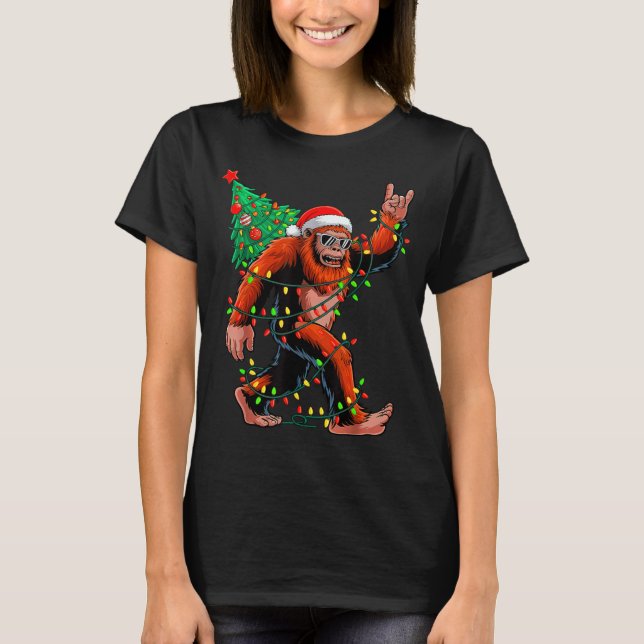 T-shirt Santa Bigfoot Christmas Tree Xmas Lights Sasquatch (Devant)