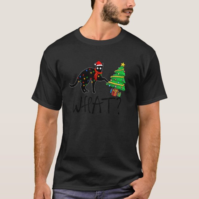 T-shirt Santa Black Cat and Christmas Light  What (Devant)