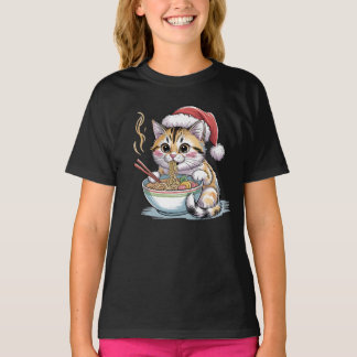 T-shirt Santa Cat Eating Ramen Cute Christmas Kitty