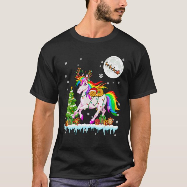 T-shirt Santa Cat Ridding Reindeer Unicorn Christmas Tree (Devant)