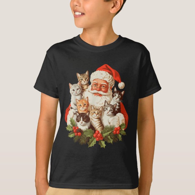 T-shirt Santa Claus And Kittens Cats Christmas  (Devant)