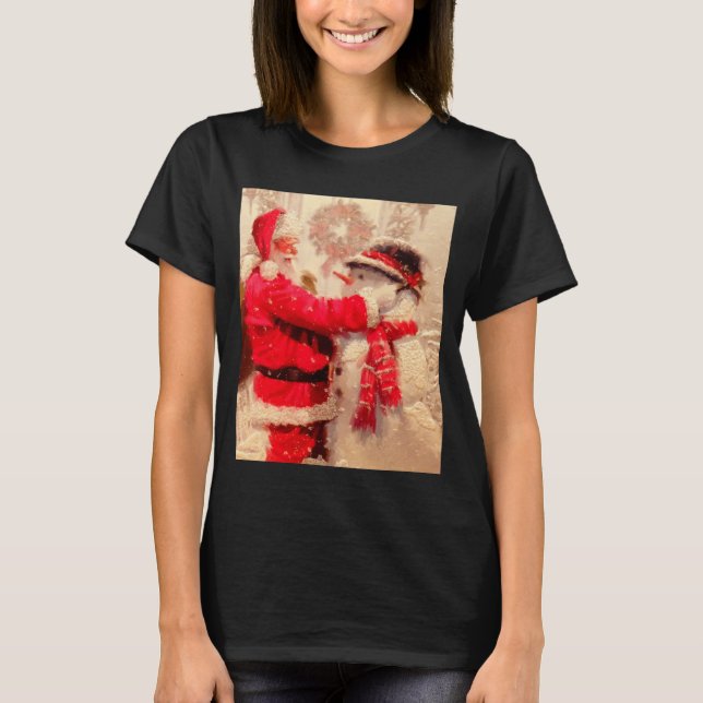 T-shirt Santa Claus And Snowman In Snowfall  (Devant)