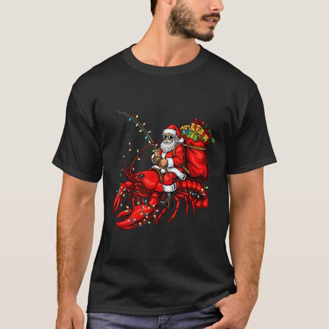 T-shirt Santa Claus Riding Lobster Lights Christmas Fishin (Devant)