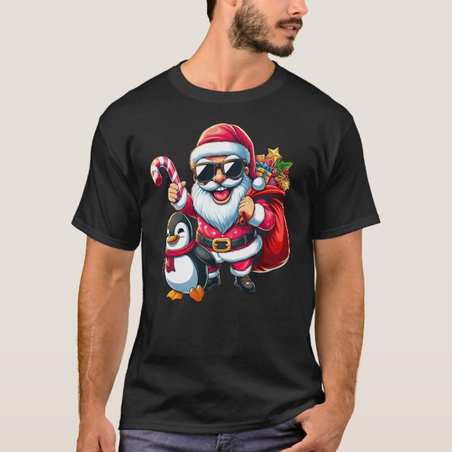 T-shirt Santa Claus with Penguin Funny Christmas Boys Girl (Devant)