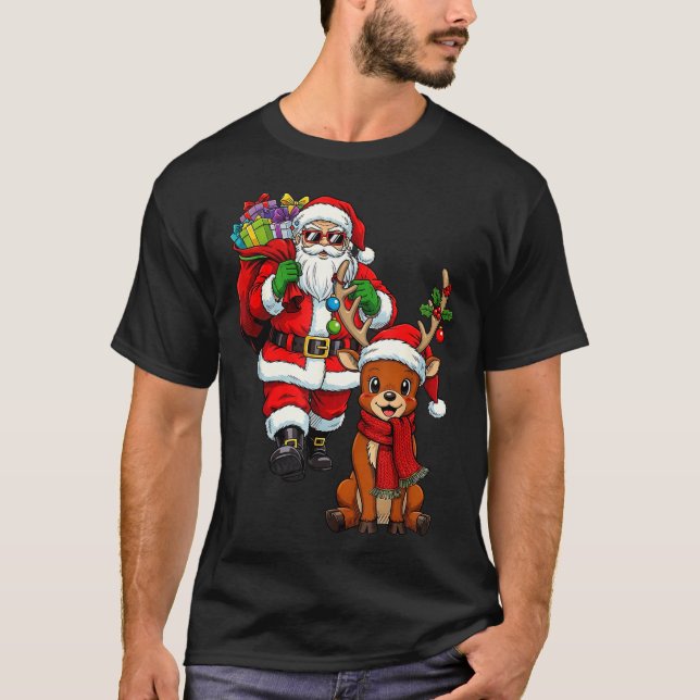 T-shirt Santa Claus With Reindeer And Cool Christmas  (Devant)