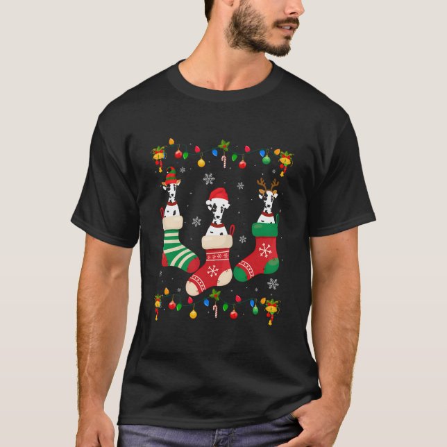 T-shirt Santa Hat Noël Lumière Trois Chien Dalmatien Dans  (Devant)