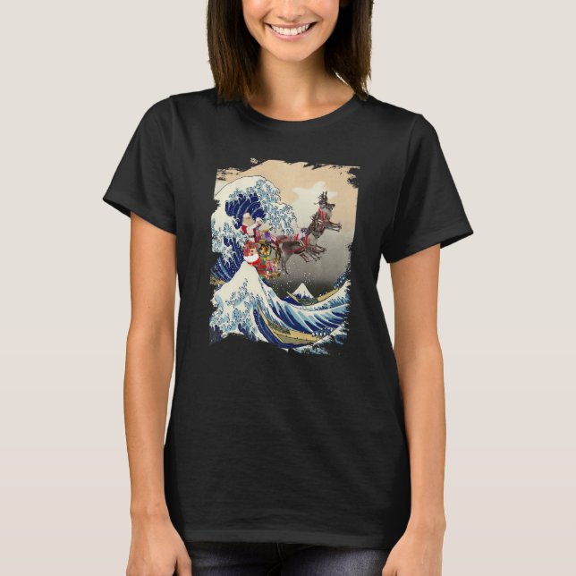T-shirt Santa Reindeer Over Great Wave Christmas (Devant)
