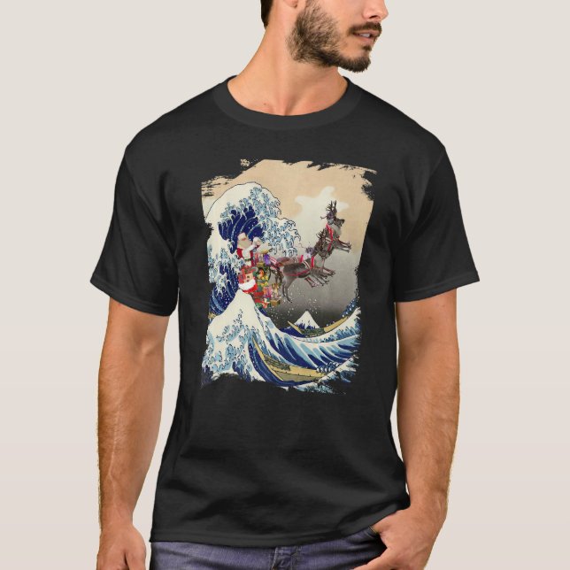 T-shirt Santa Reindeer Over Great Wave Christmas (Devant)