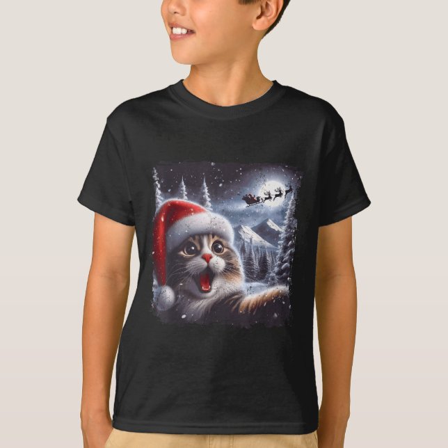 T-shirt Santa Reindeer Selfie Cat Funny Christmas Tee  (Devant)