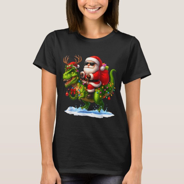 T-shirt Santa Riding Dinosaur T Rex Christmas Boys Men Xma (Devant)