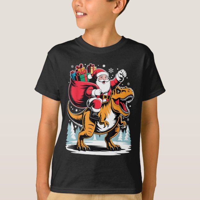T-shirt Santa Riding Dinosaur T Rex Christmas Boys Xmas  (Devant)