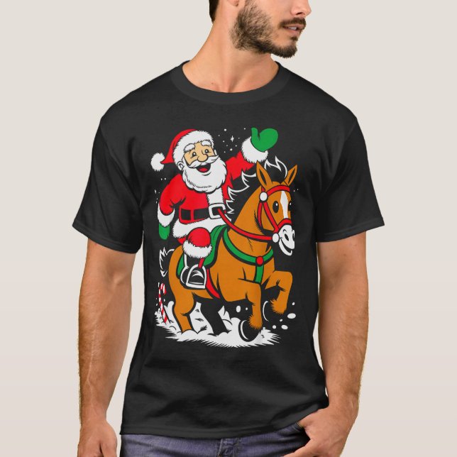 T-shirt Santa Riding Horse Funny Equestrian Christmas Xmas (Devant)