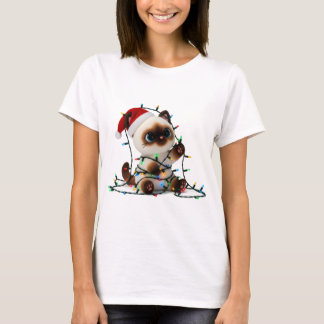 T-shirt Santa Siamese Cat Tangled in Christmas Lights