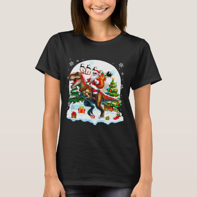 T-shirt Santa Sungles Riding T-rex Reindeer Christmas Snow (Devant)
