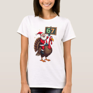 T-shirt 🎅🦃 Santa sur un dindon avec le numéro 67 Drôle