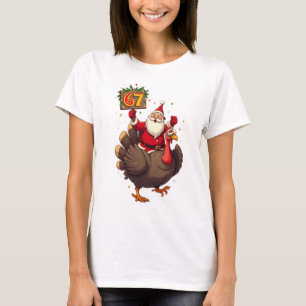 T-shirt 🎅🦃 Santa sur un dindon avec le numéro 67 Drôle