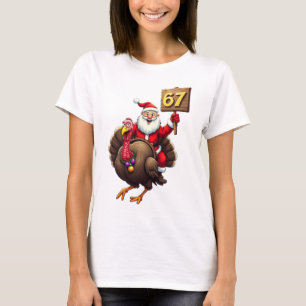 T-shirt 🎅🦃 Santa sur un dindon avec le numéro 67 Drôle