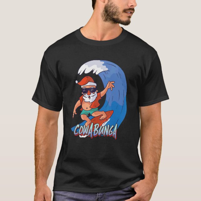 T-SHIRT SANTA SURFING THE WAVE COWABUNGA (Devant)
