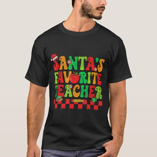 T-shirt Santas Favorite Teacher Retro Groovy Christmas Xma (Devant)