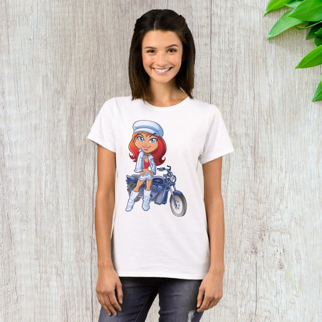 T-shirt Sassy Biker Girl avec cheveux rouges et moto (Créateur téléchargé)