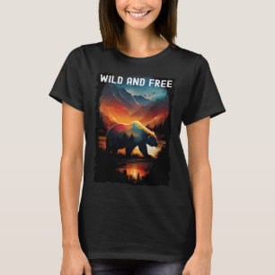T-shirt Sauvage et libre ours randonnée camping montagnes