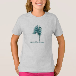 T-shirt Sauvez les arbres Pins d'aquarelle bleu-vert simpl