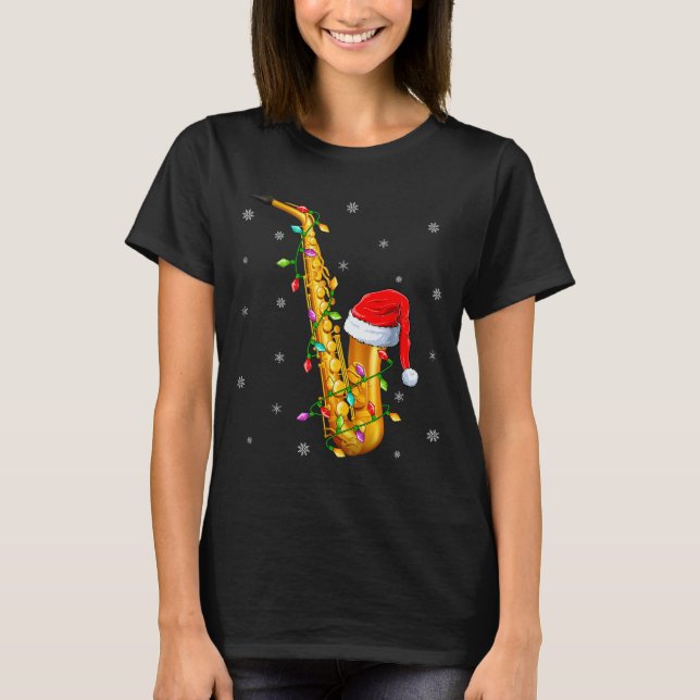 T-shirt Saxophone Music Lover Xmas Lights Santa Saxophone  (Devant)