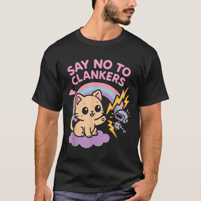 T-shirt Say No To Clankers Anti Ai Robots Cute Kitten Rain (Devant)