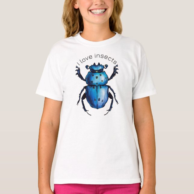 T-shirt Scarab Beetle Art Blue Entomology Insect Love (Devant)