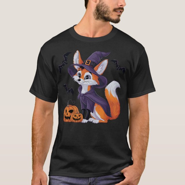 T-shirt Scary Pumpkin Bat Funny Witch Hat Fennec Fox Hallo (Devant)