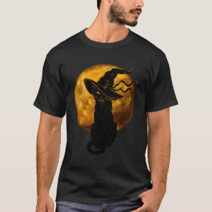 T-shirt Scary Vintage Chat Noir Avec Sorcière Pleine lune 